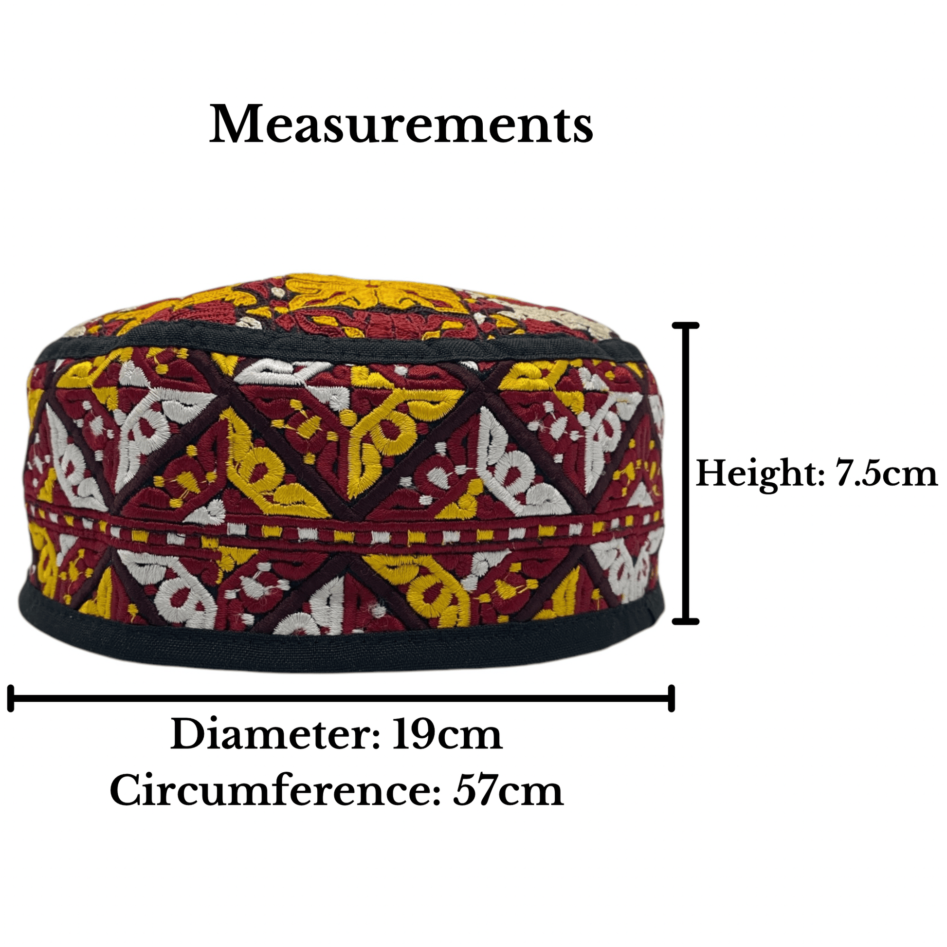 Red Yellow White Embroidered Hat - Kilim Art Gallery