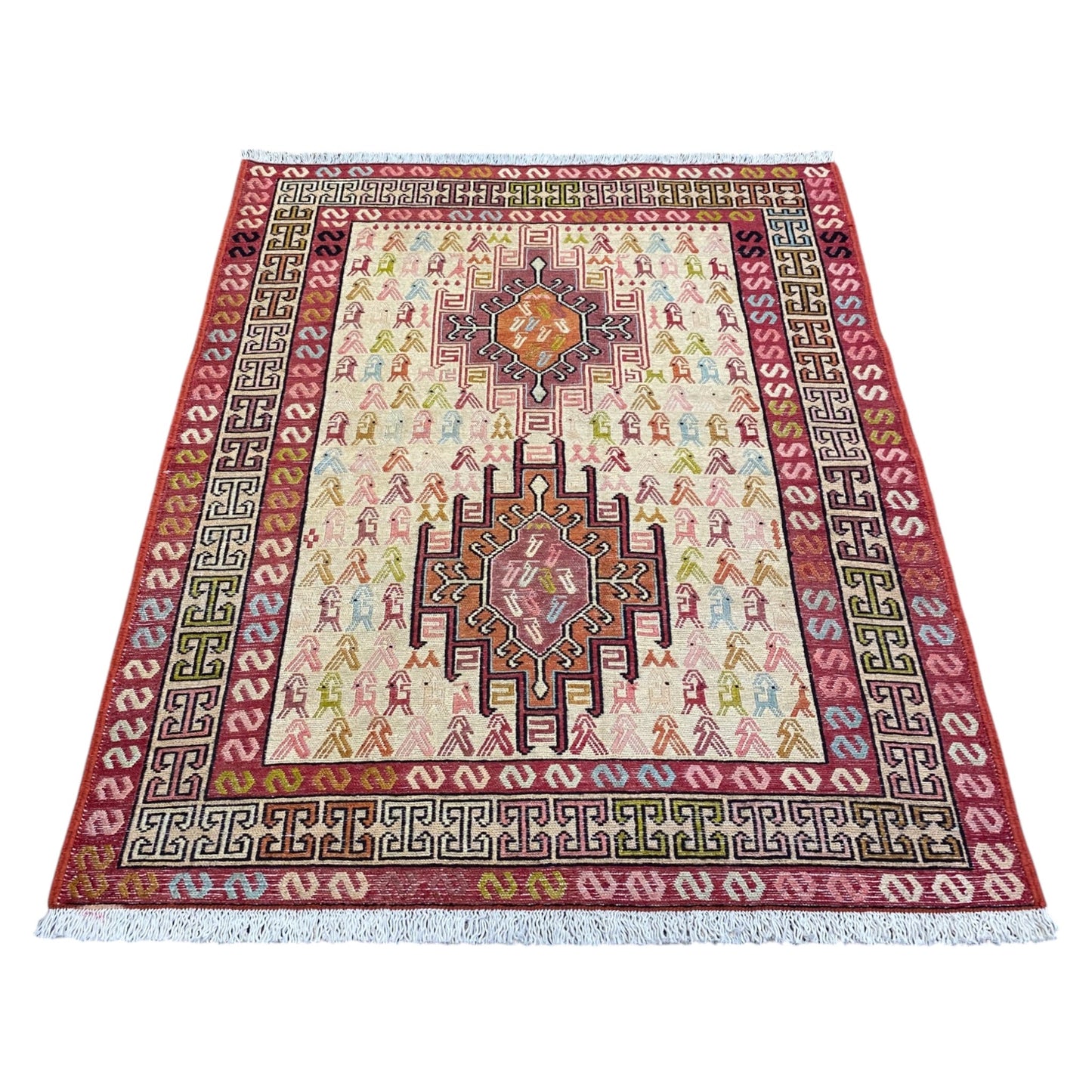 Small Silk Soumak Kelim Rug with Animal Desgin - Kilim Art Gallery