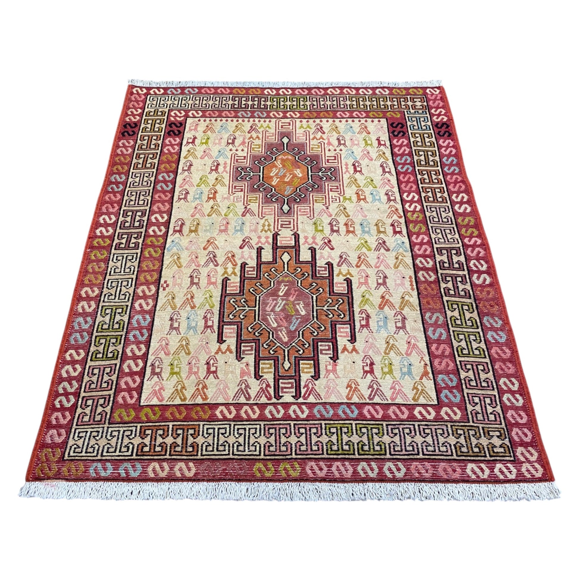 Small Silk Soumak Kelim Rug with Animal Desgin - Kilim Art Gallery