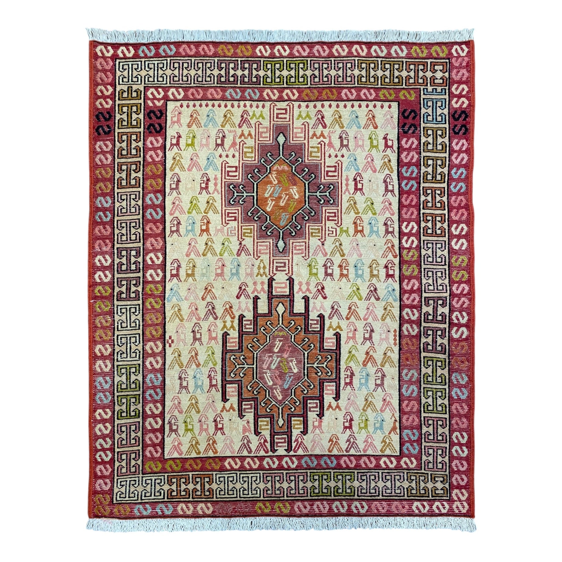Small Silk Soumak Kelim Rug with Animal Desgin - Kilim Art Gallery