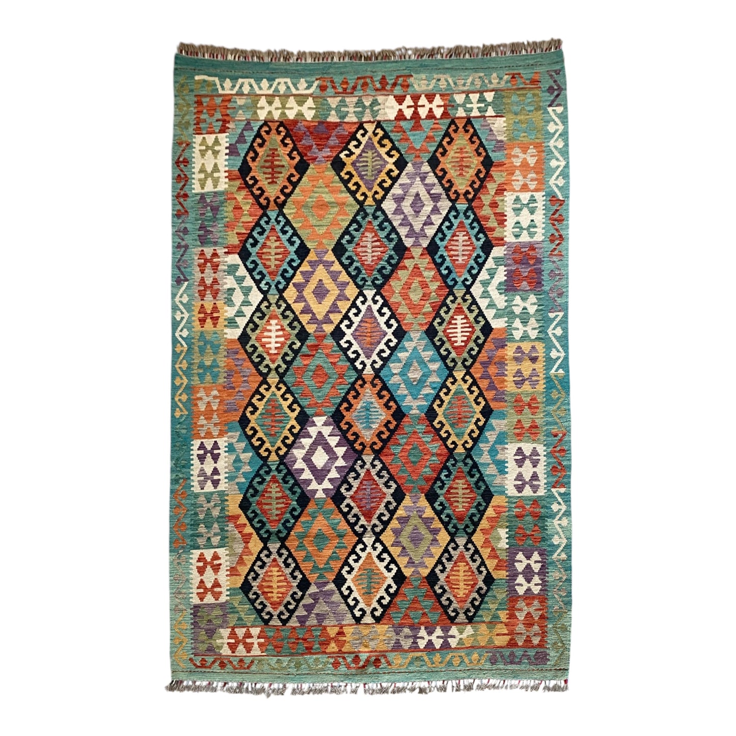 Turquoise Black White Terracotta Geometric Area Kilim Rug - Kilim Art Gallery