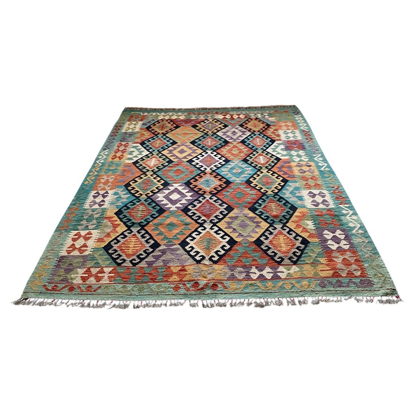 Turquoise Black White Terracotta Geometric Area Kilim Rug - Kilim Art Gallery