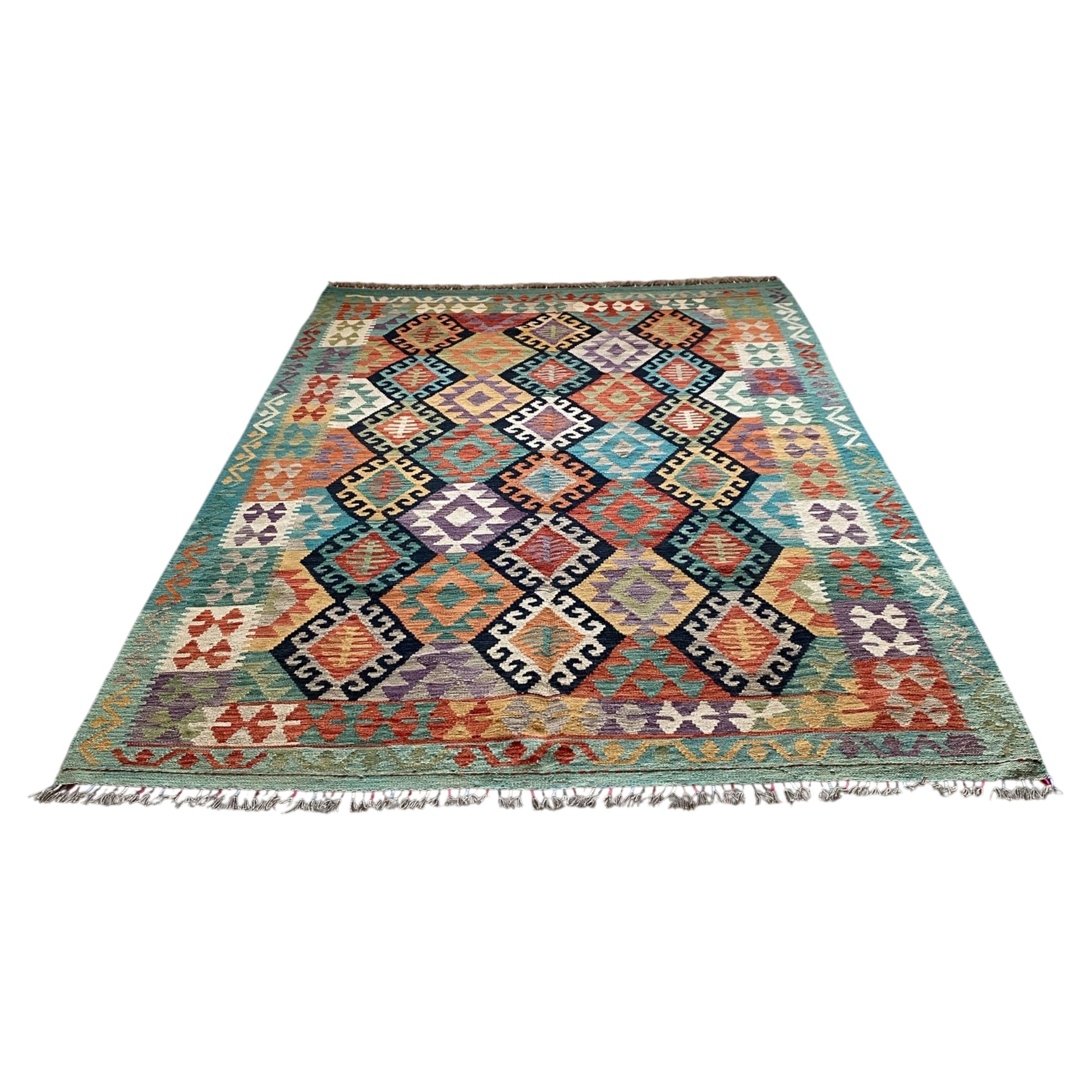 Turquoise Black White Terracotta Geometric Area Kilim Rug - Kilim Art Gallery