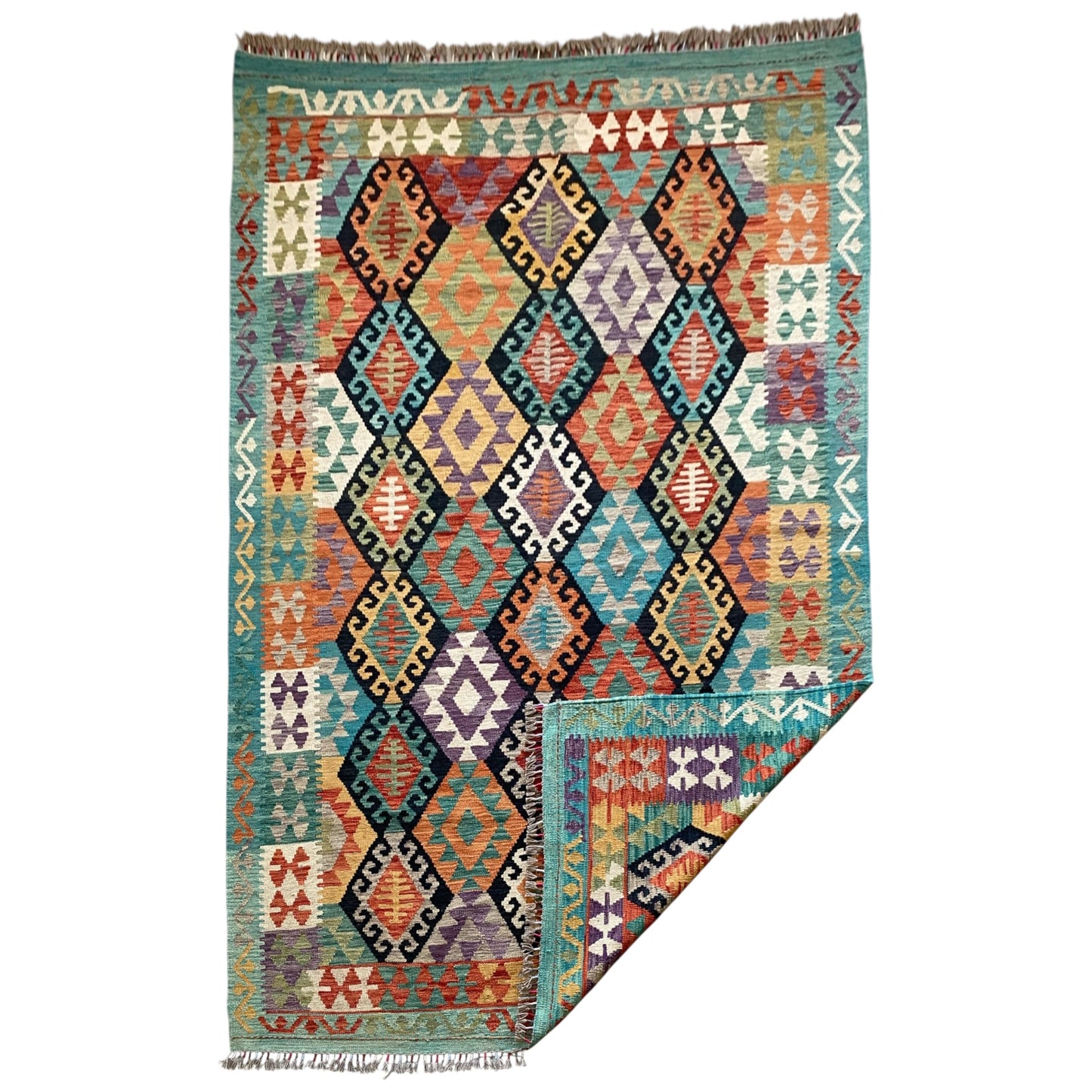 Turquoise Black White Terracotta Geometric Area Kilim Rug - Kilim Art Gallery