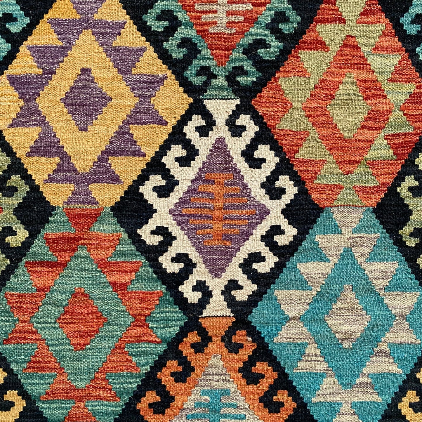 Turquoise Black White Terracotta Geometric Area Kilim Rug - Kilim Art Gallery