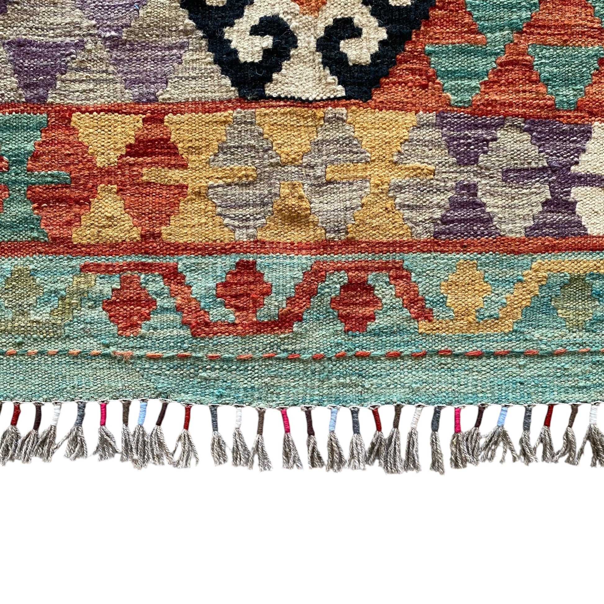 Turquoise Black White Terracotta Geometric Area Kilim Rug - Kilim Art Gallery