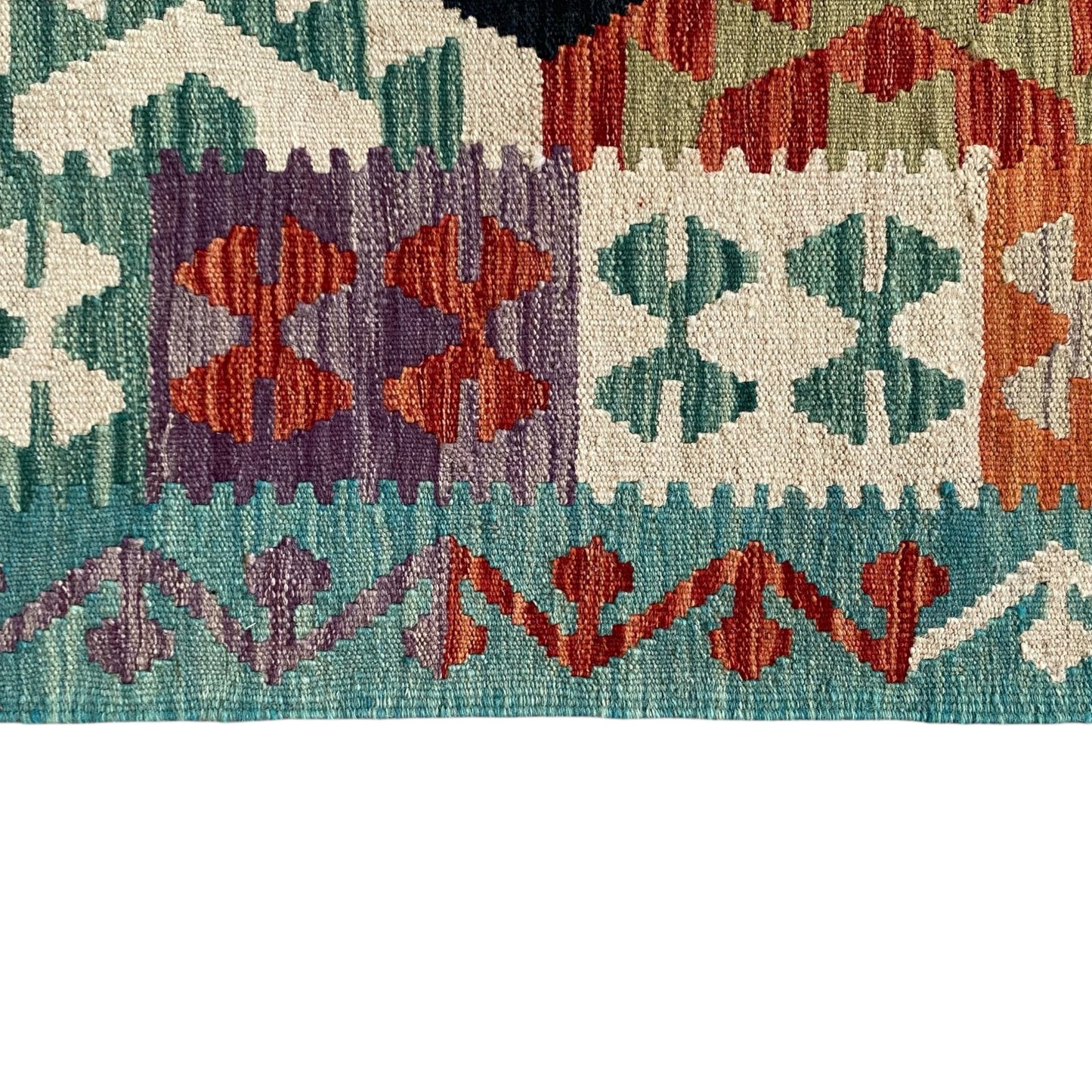 Turquoise Black White Terracotta Geometric Area Kilim Rug - Kilim Art Gallery