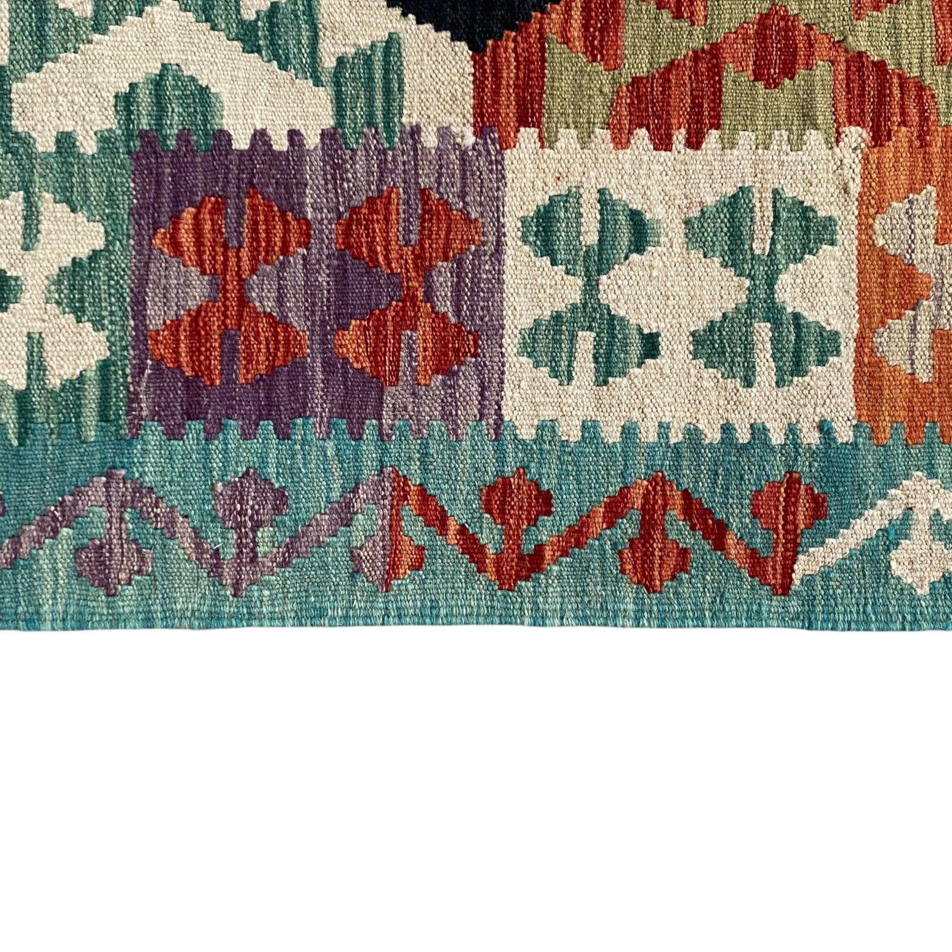 Turquoise Black White Terracotta Geometric Area Kilim Rug - Kilim Art Gallery