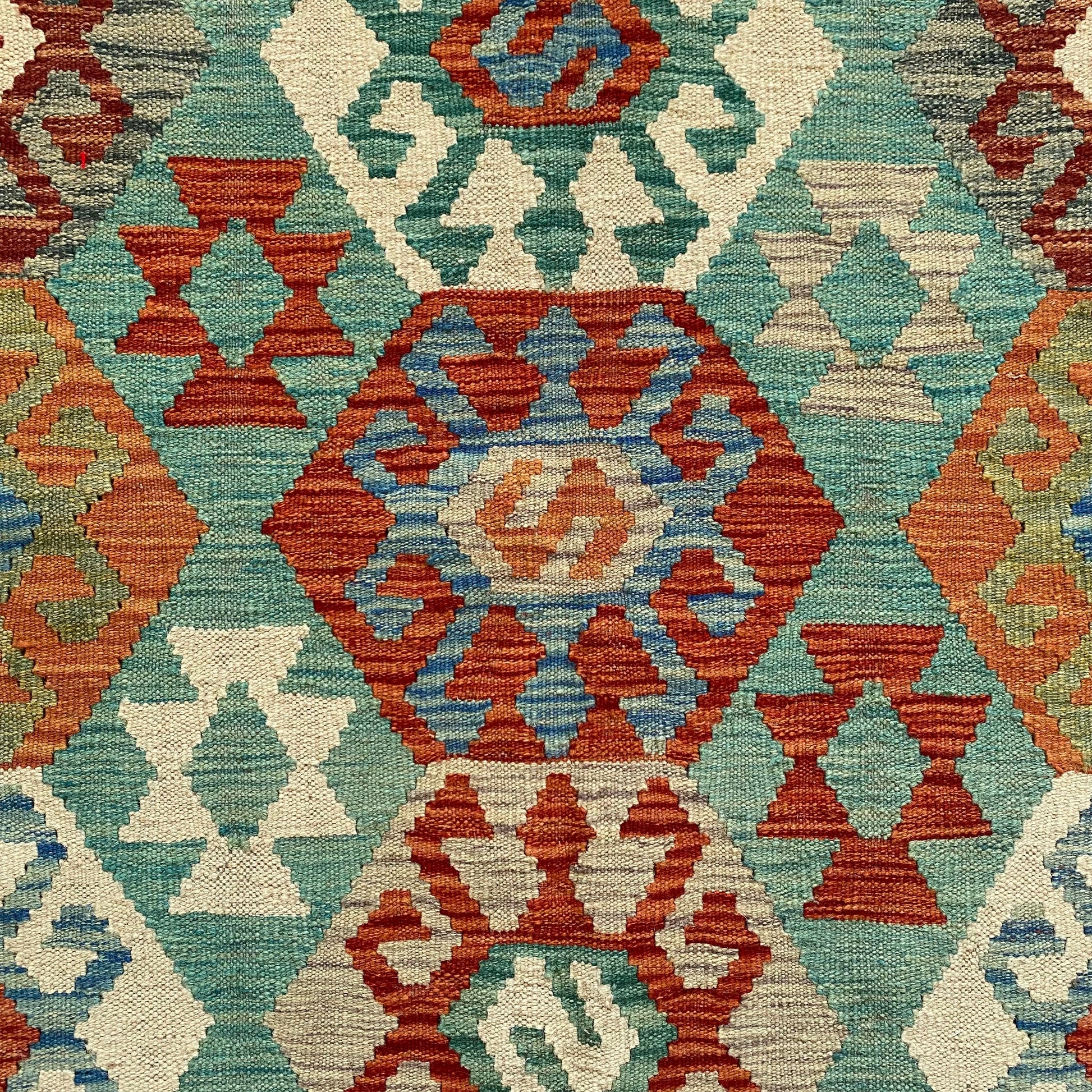Turquoise Blue Terracotta Black White Area Kilim Rug - Kilim Art Gallery