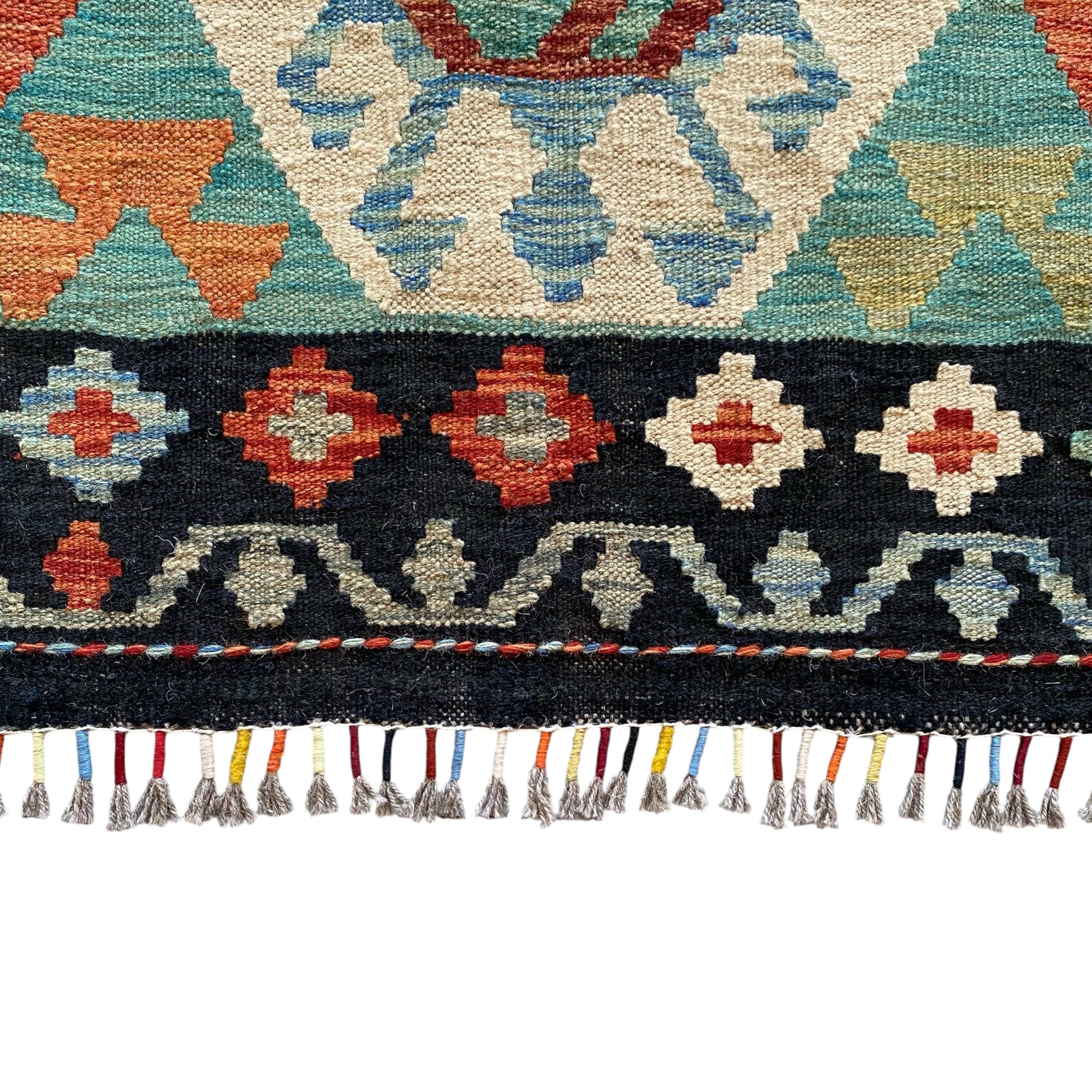 Turquoise Blue Terracotta Black White Area Kilim Rug - Kilim Art Gallery