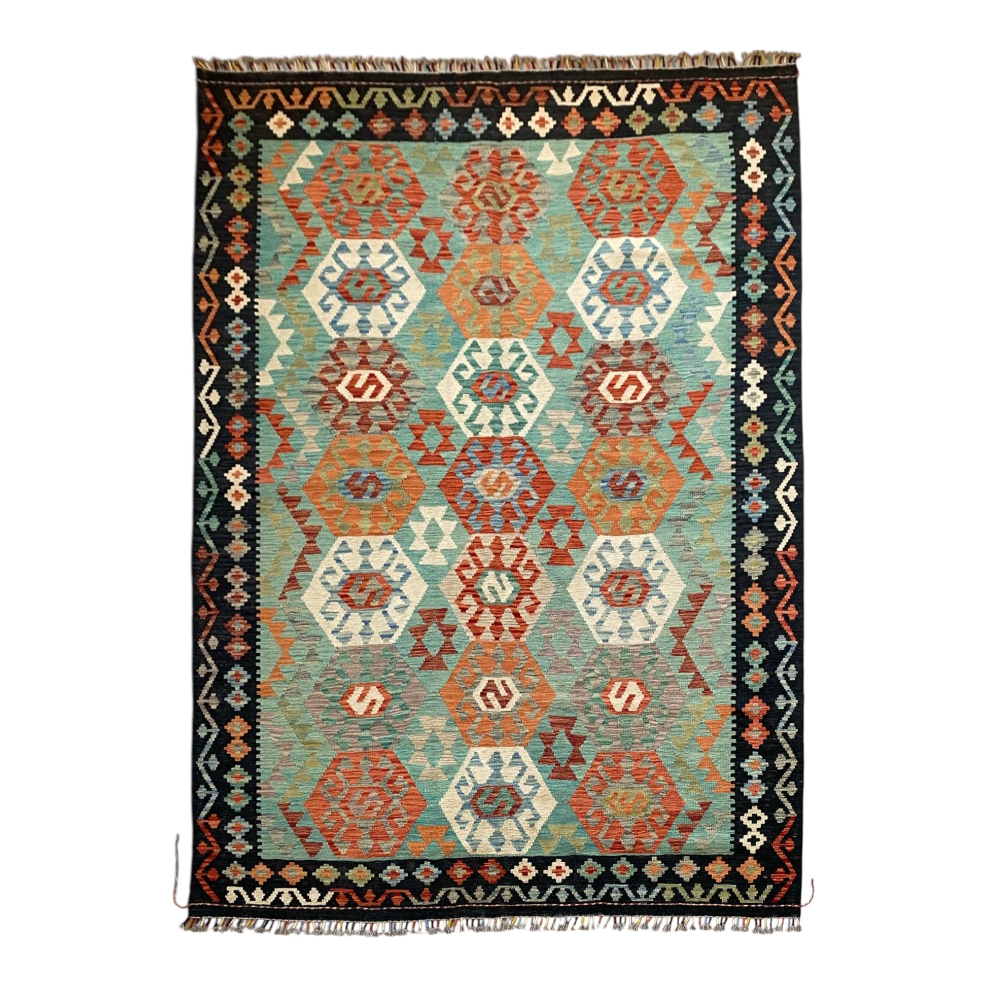 Turquoise Blue Terracotta Black White Area Kilim Rug - Kilim Art Gallery