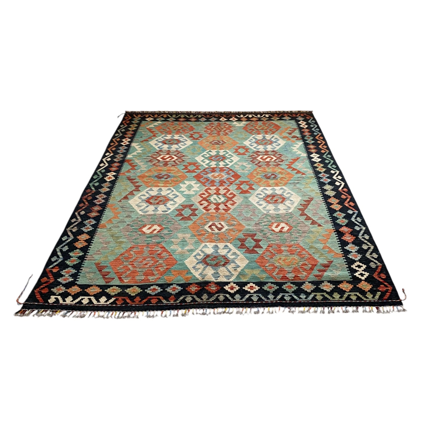 Turquoise Blue Terracotta Black White Area Kilim Rug - Kilim Art Gallery