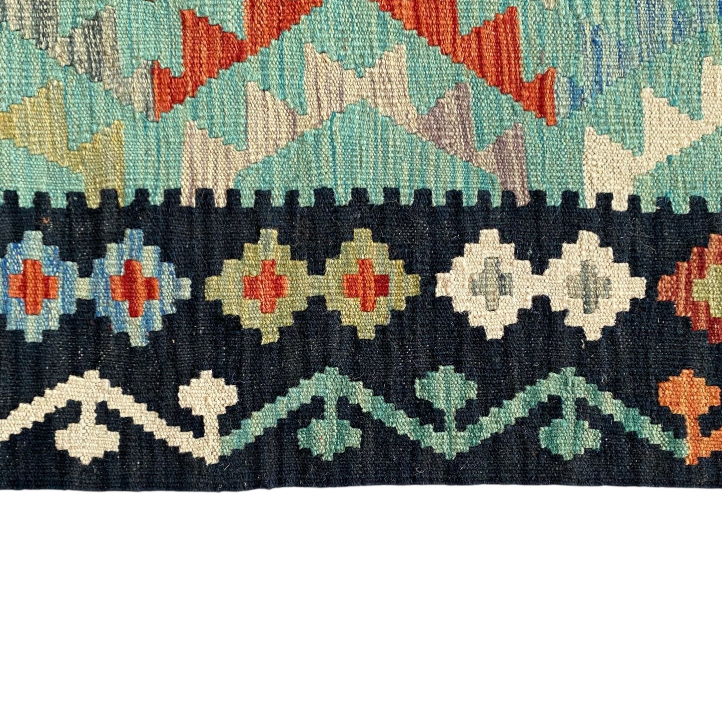 Turquoise Blue Terracotta Black White Area Kilim Rug - Kilim Art Gallery