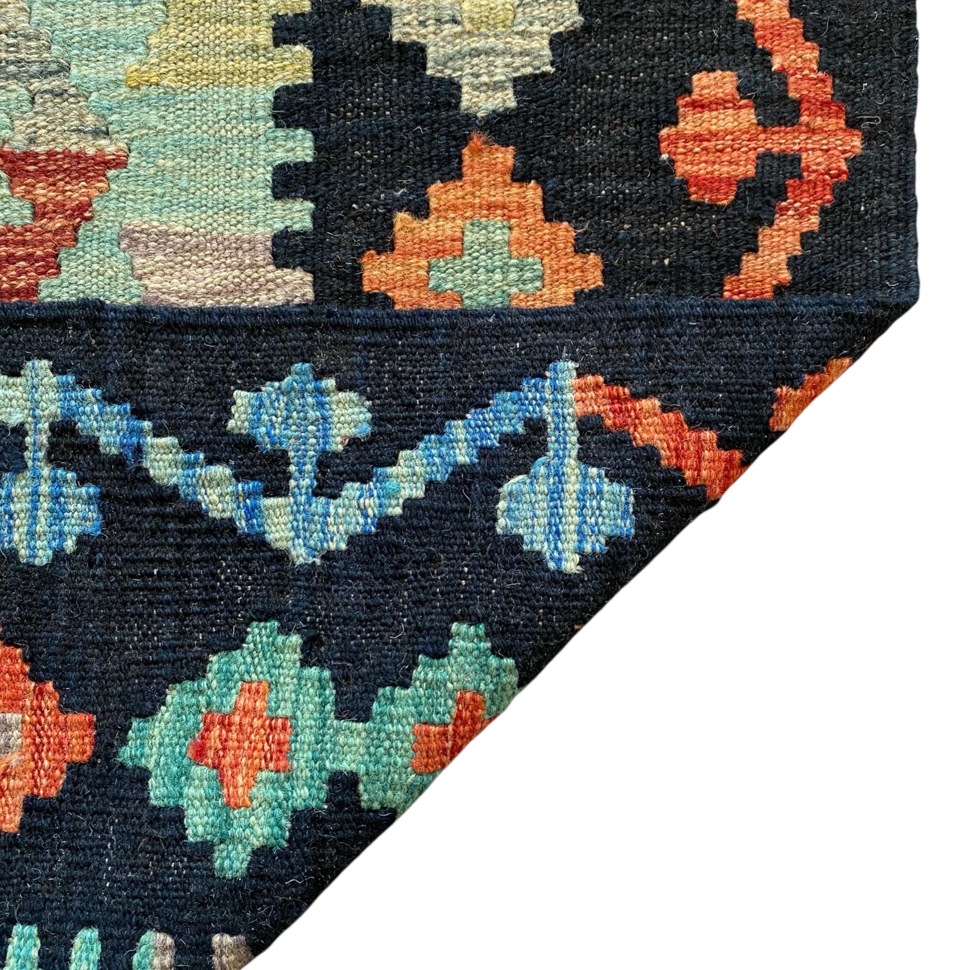 Turquoise Blue Terracotta Black White Area Kilim Rug - Kilim Art Gallery