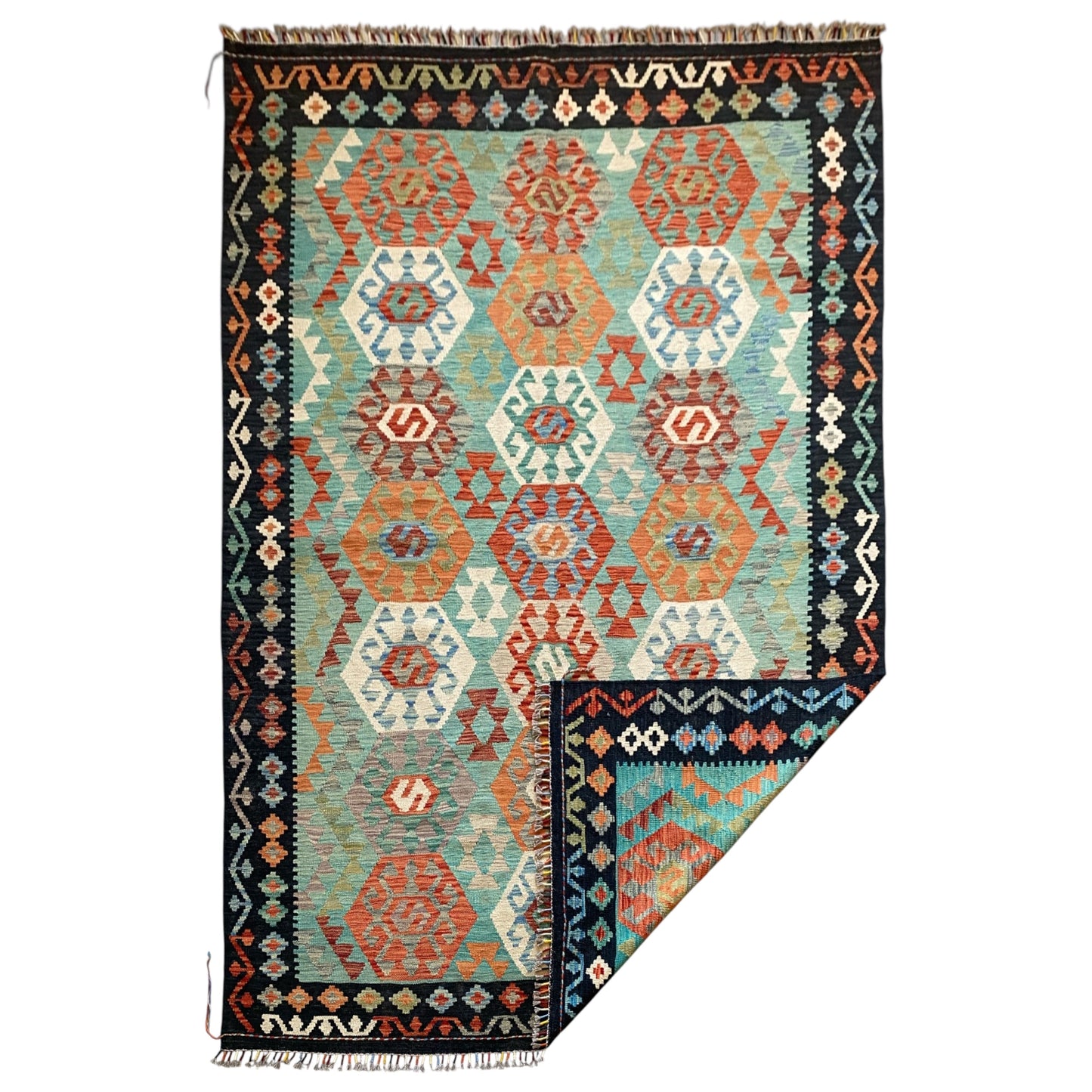 Turquoise Blue Terracotta Black White Area Kilim Rug - Kilim Art Gallery