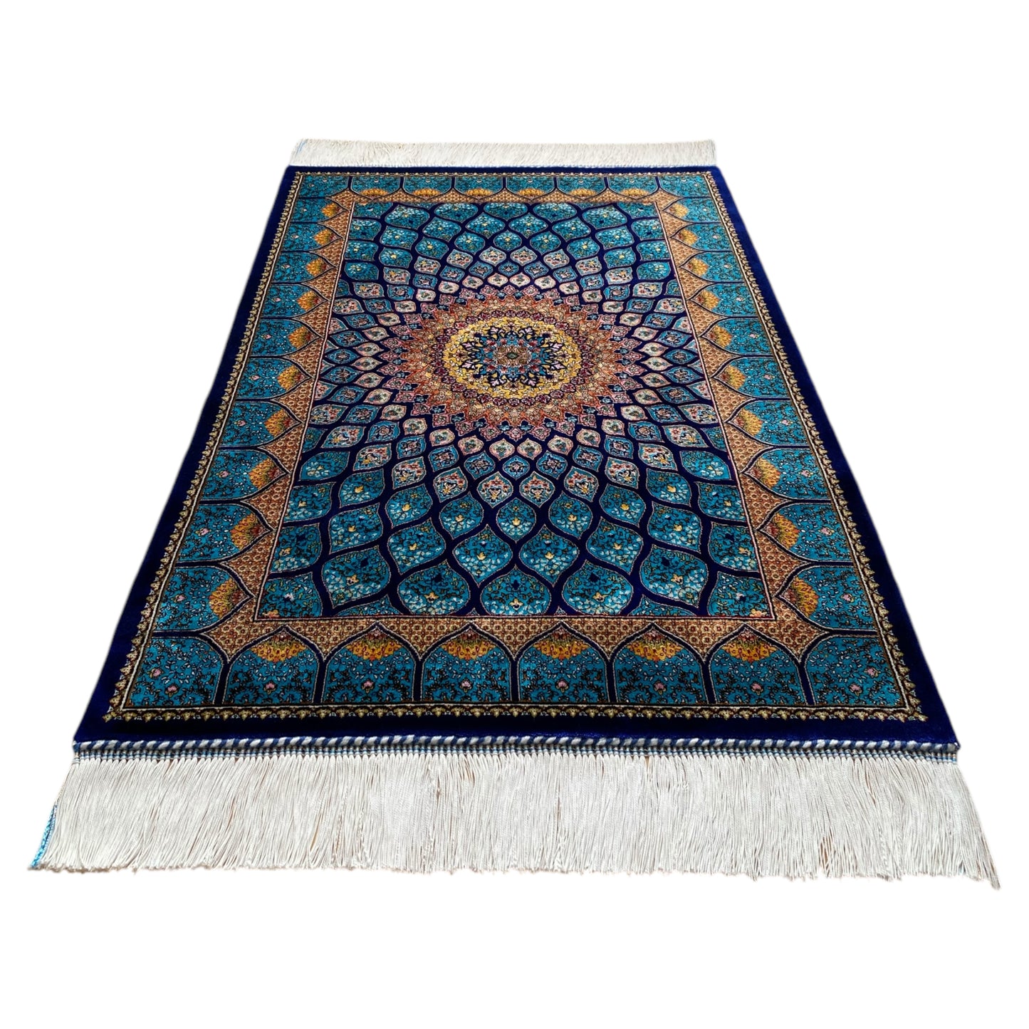 Turquoise Navy Blue Dome Silk Rug