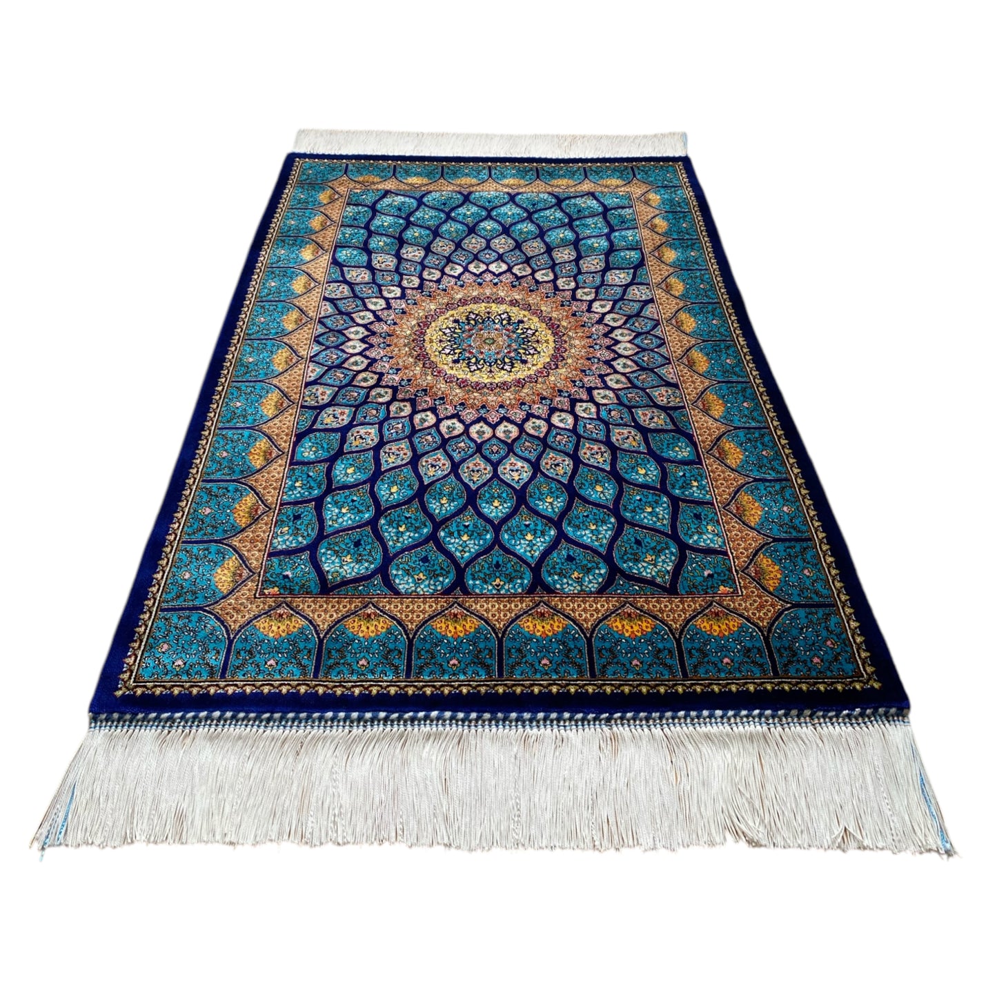 Turquoise Navy Blue Dome Silk Rug