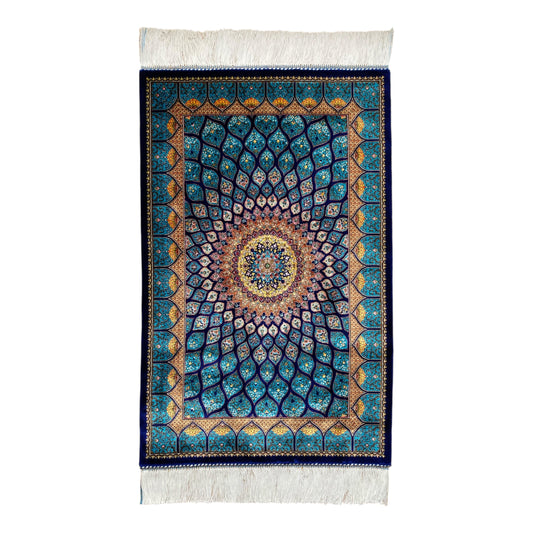 Turquoise Navy Blue Dome Silk Rug - Kilim Art Gallery