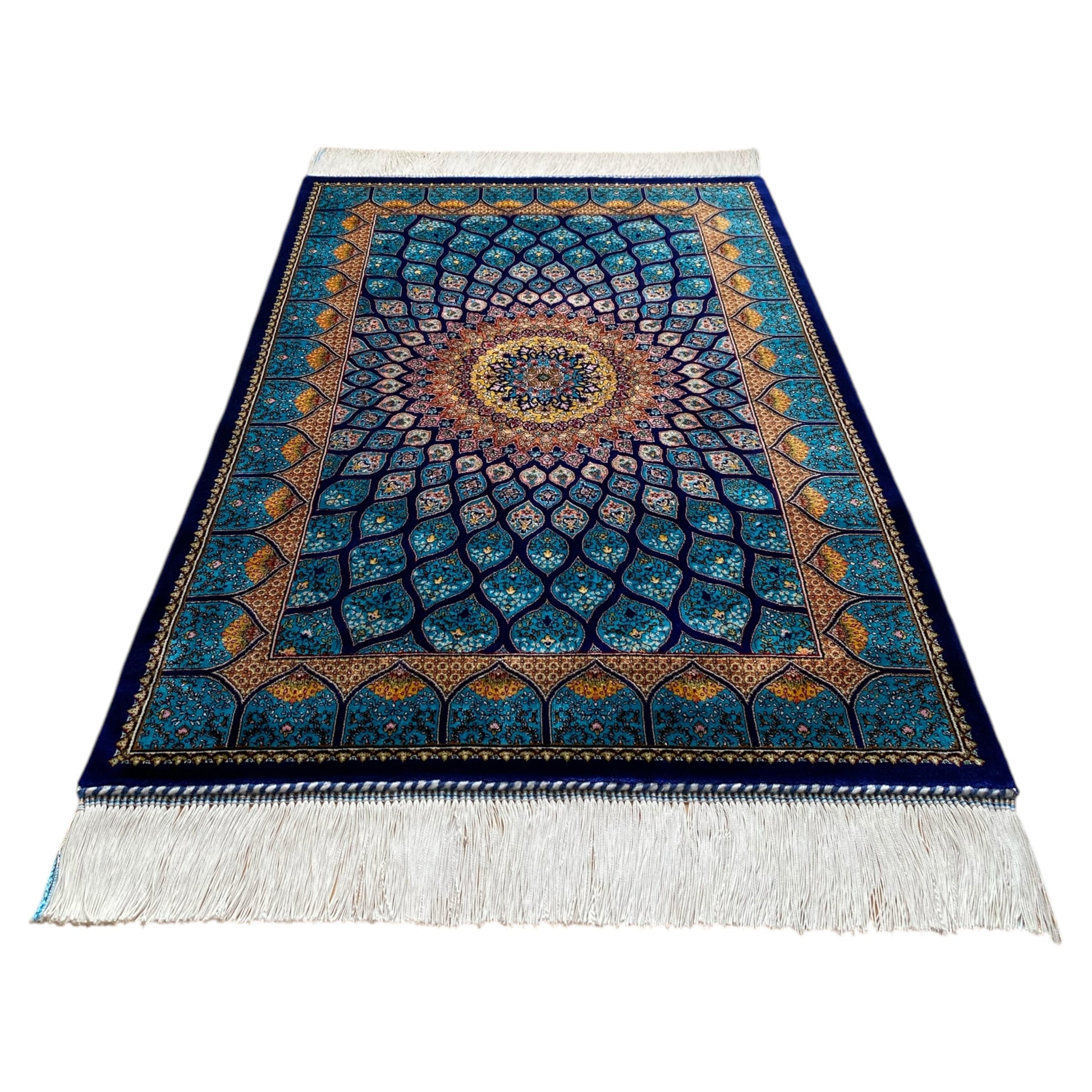 Turquoise Navy Blue Dome Silk Rug - Kilim Art Gallery