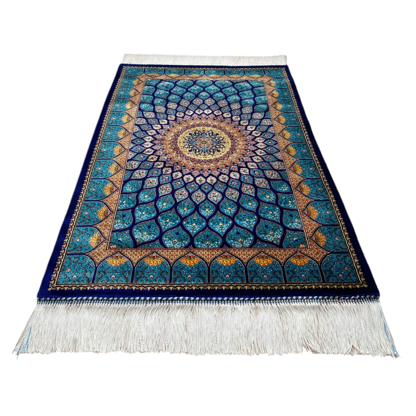 Turquoise Navy Blue Dome Silk Rug - Kilim Art Gallery