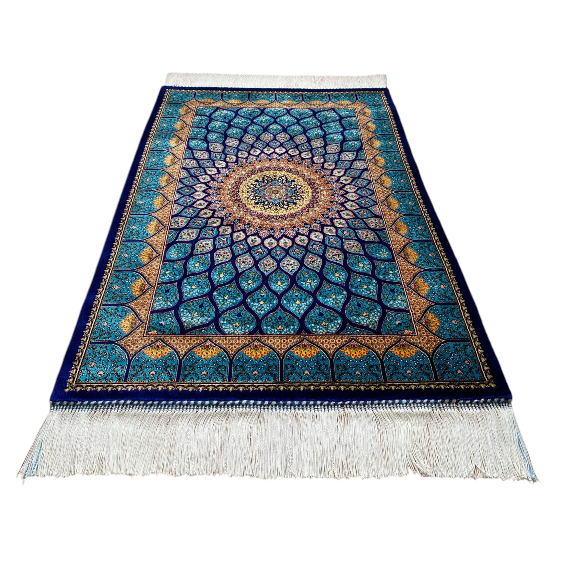 Turquoise Navy Blue Dome Silk Rug - Kilim Art Gallery
