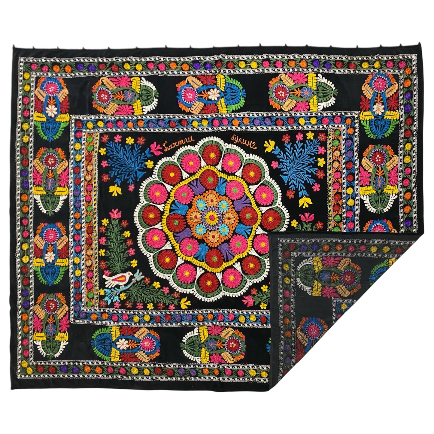 Vintage Black Velvet Uzbek Suzani Wall Hanging / Bed Spread / Table Cover / Blanket / Throw / Tapestry - Kilim Art Gallery