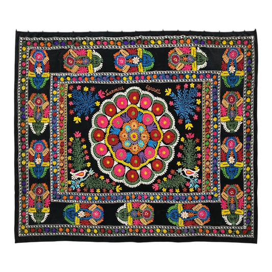 Vintage Black Velvet Uzbek Suzani Wall Hanging / Bed Spread / Table Cover / Blanket / Throw / Tapestry - Kilim Art Gallery