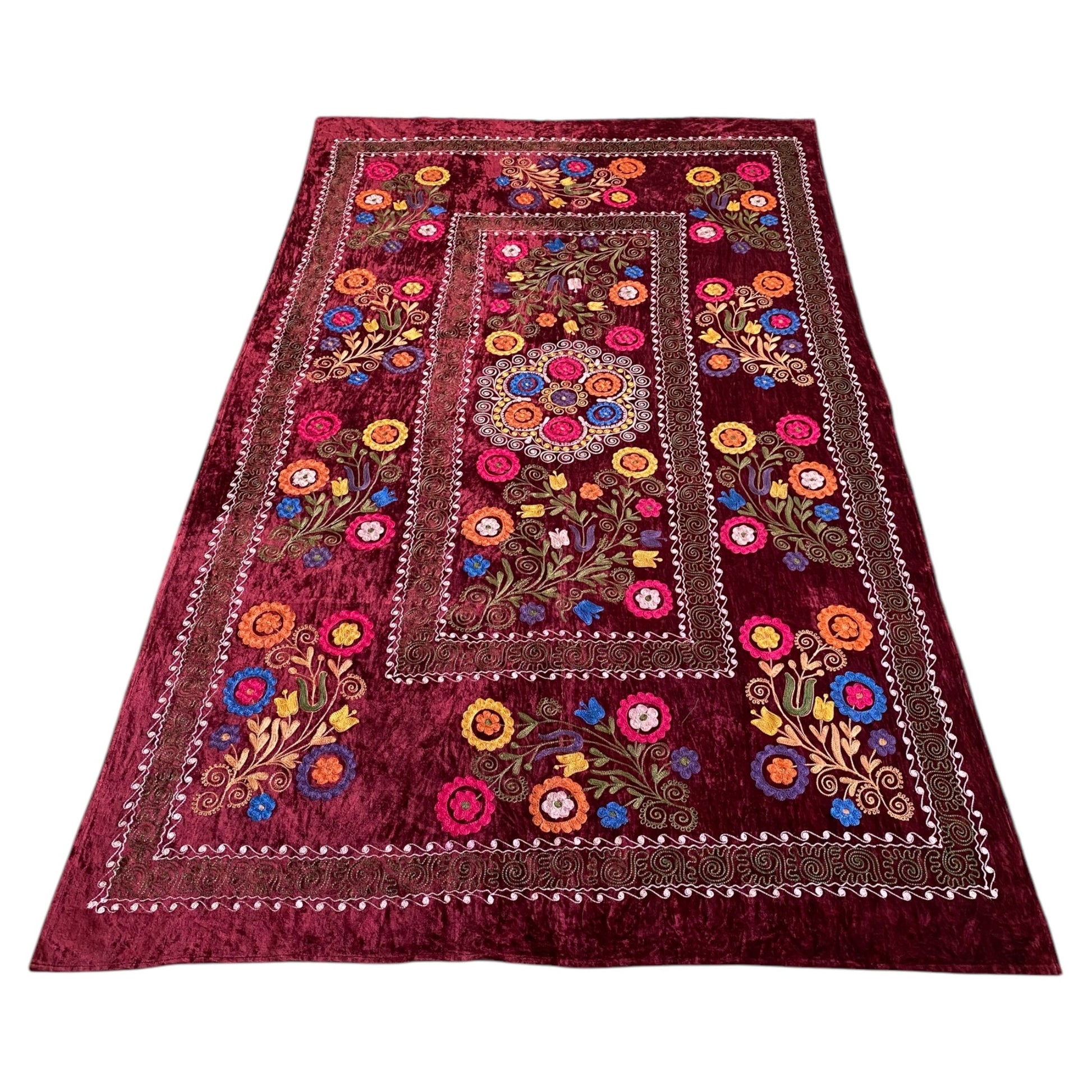 Vintage Burgundy Velvet Suzani - Kilim Art Gallery