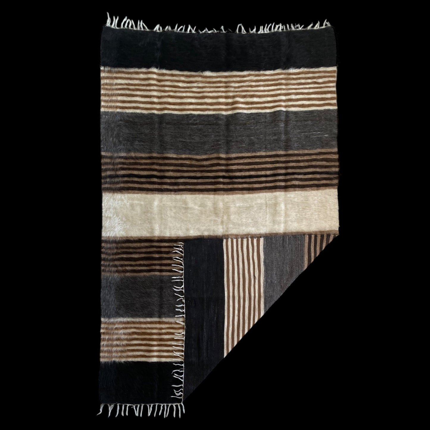 Vintage Striped Design Angora Mohair Siirt Blanket Kilim Rug - Kilim Art Gallery