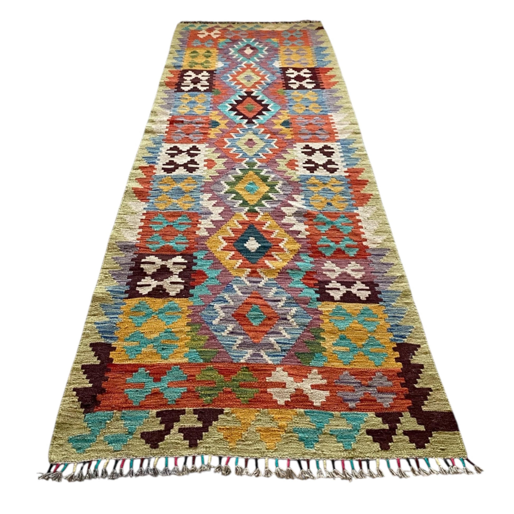 Yellow Purple Green Blue Kilim Runner Rug - Kilim Art Gallery