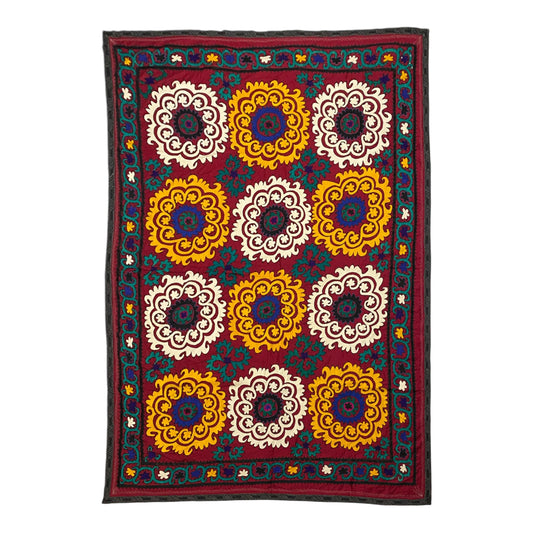 Yellow White Red Suzani Textile Embroidery Large Bed Spread / Table Cover / Wall Hanging - Kilim Art Gallery