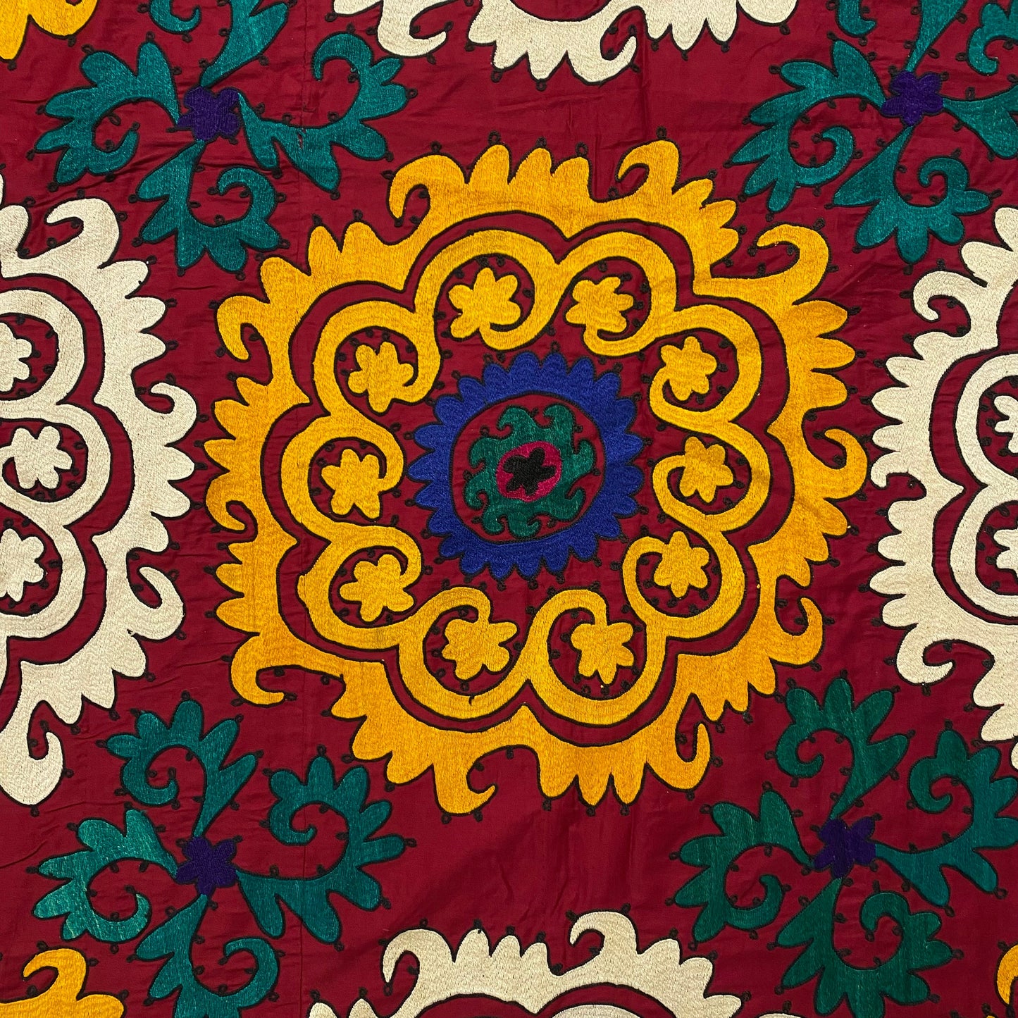 Yellow White Red Suzani Textile Embroidery Large Bed Spread / Table Cover / Wall Hanging - Kilim Art Gallery