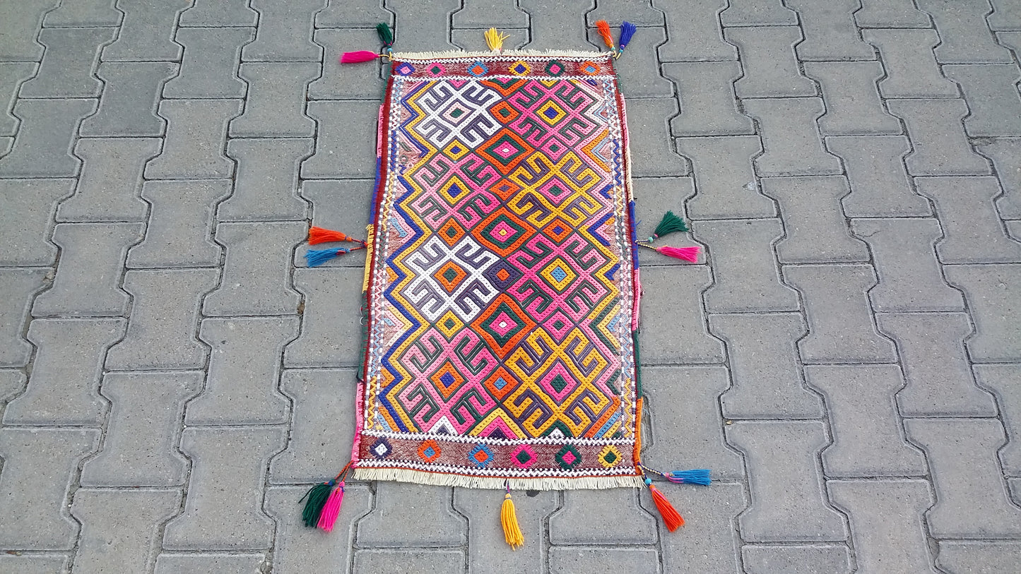 Colorful Pink Yellow Cicim/Jijim Kilim Yastik Rug