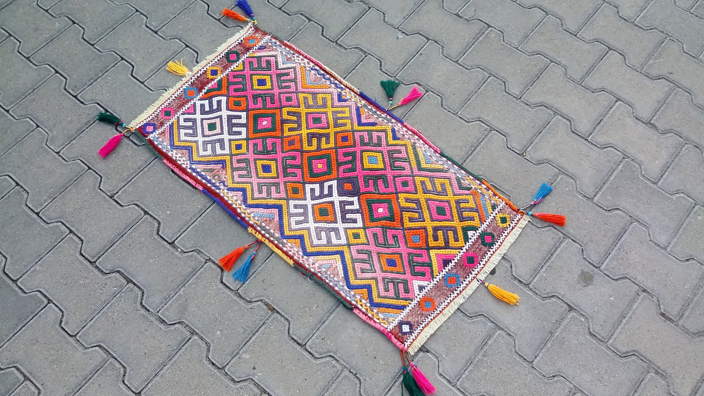 Colorful Pink Yellow Cicim/Jijim Kilim Yastik Rug