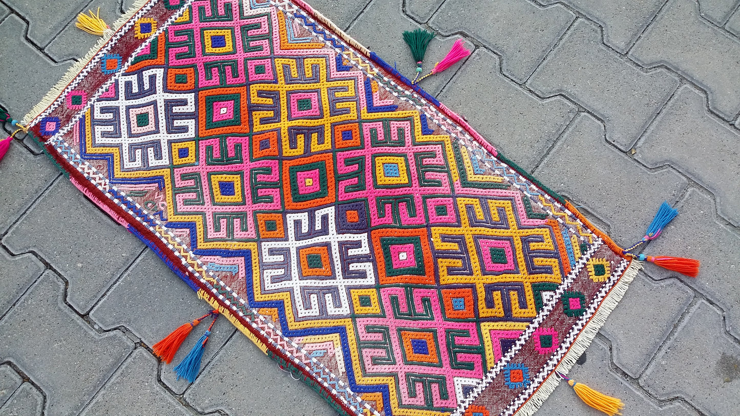 Colorful Pink Yellow Cicim/Jijim Kilim Yastik Rug