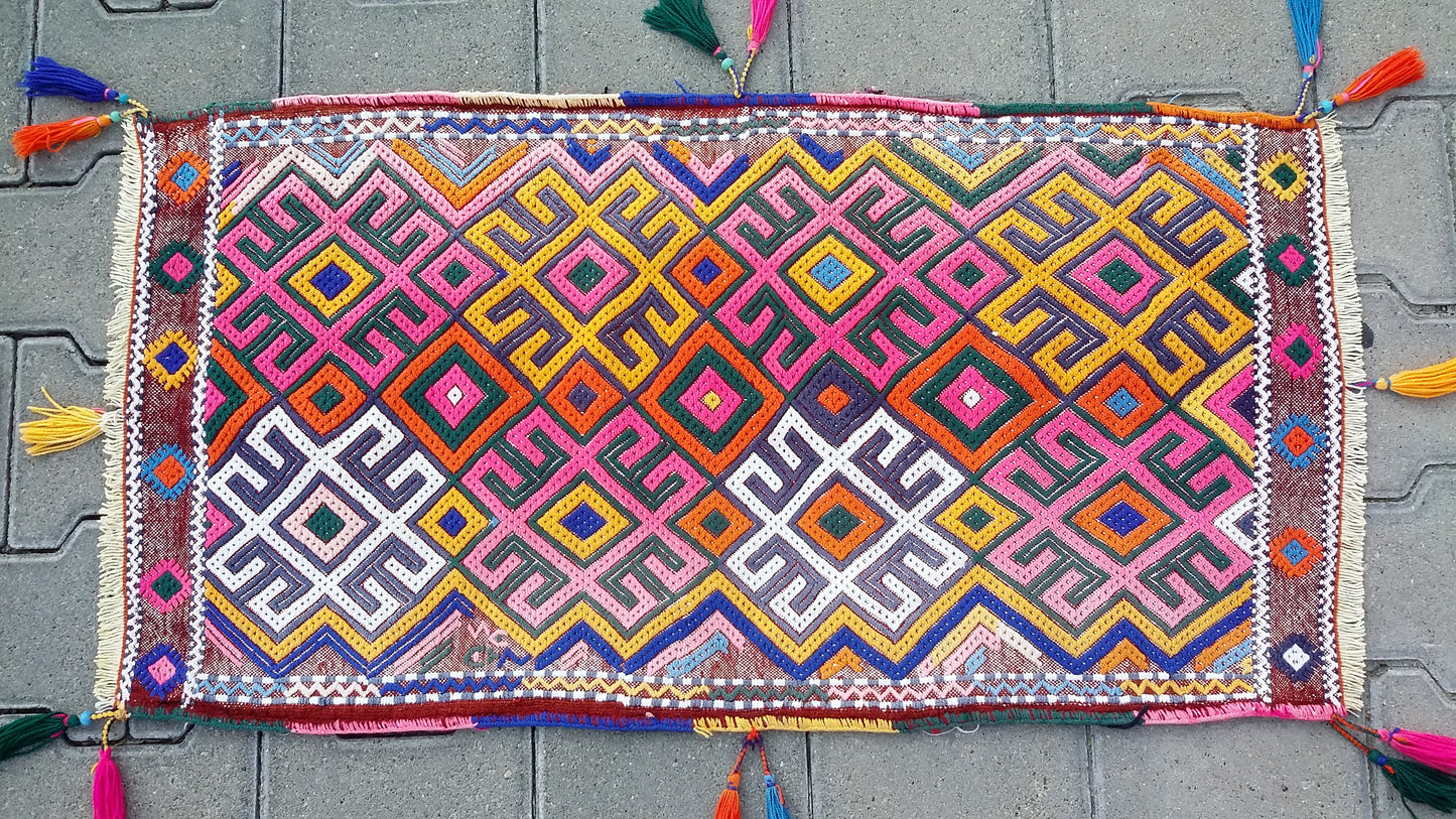 Colorful Pink Yellow Cicim/Jijim Kilim Yastik Rug