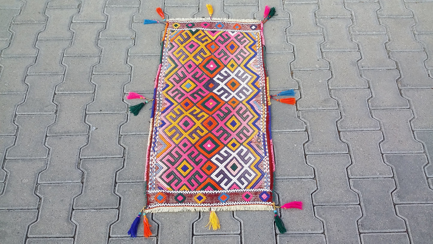 Colorful Pink Yellow Cicim/Jijim Kilim Yastik Rug