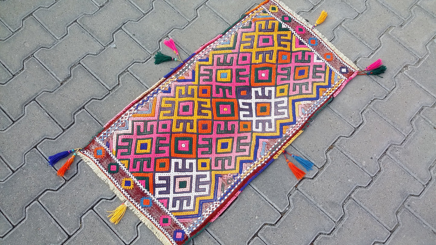 Colorful Pink Yellow Cicim/Jijim Kilim Yastik Rug