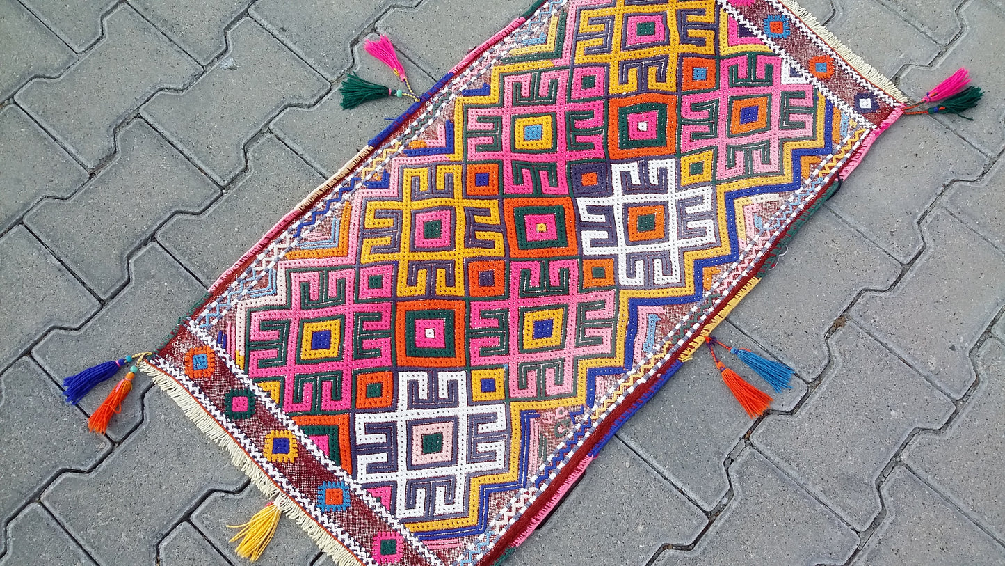 Colorful Pink Yellow Cicim/Jijim Kilim Yastik Rug