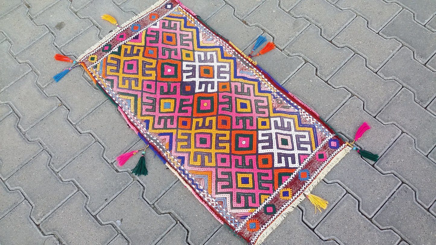 Colorful Pink Yellow Cicim/Jijim Kilim Yastik Rug