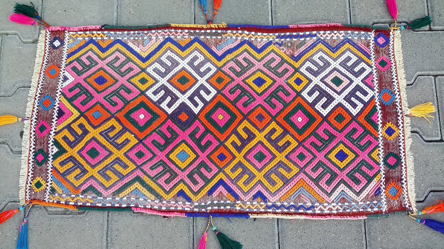 Colorful Pink Yellow Cicim/Jijim Kilim Yastik Rug