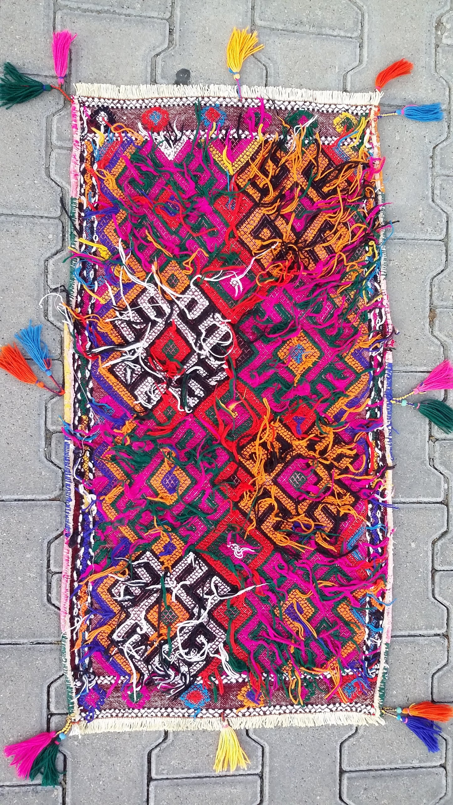 Colorful Pink Yellow Cicim/Jijim Kilim Yastik Rug