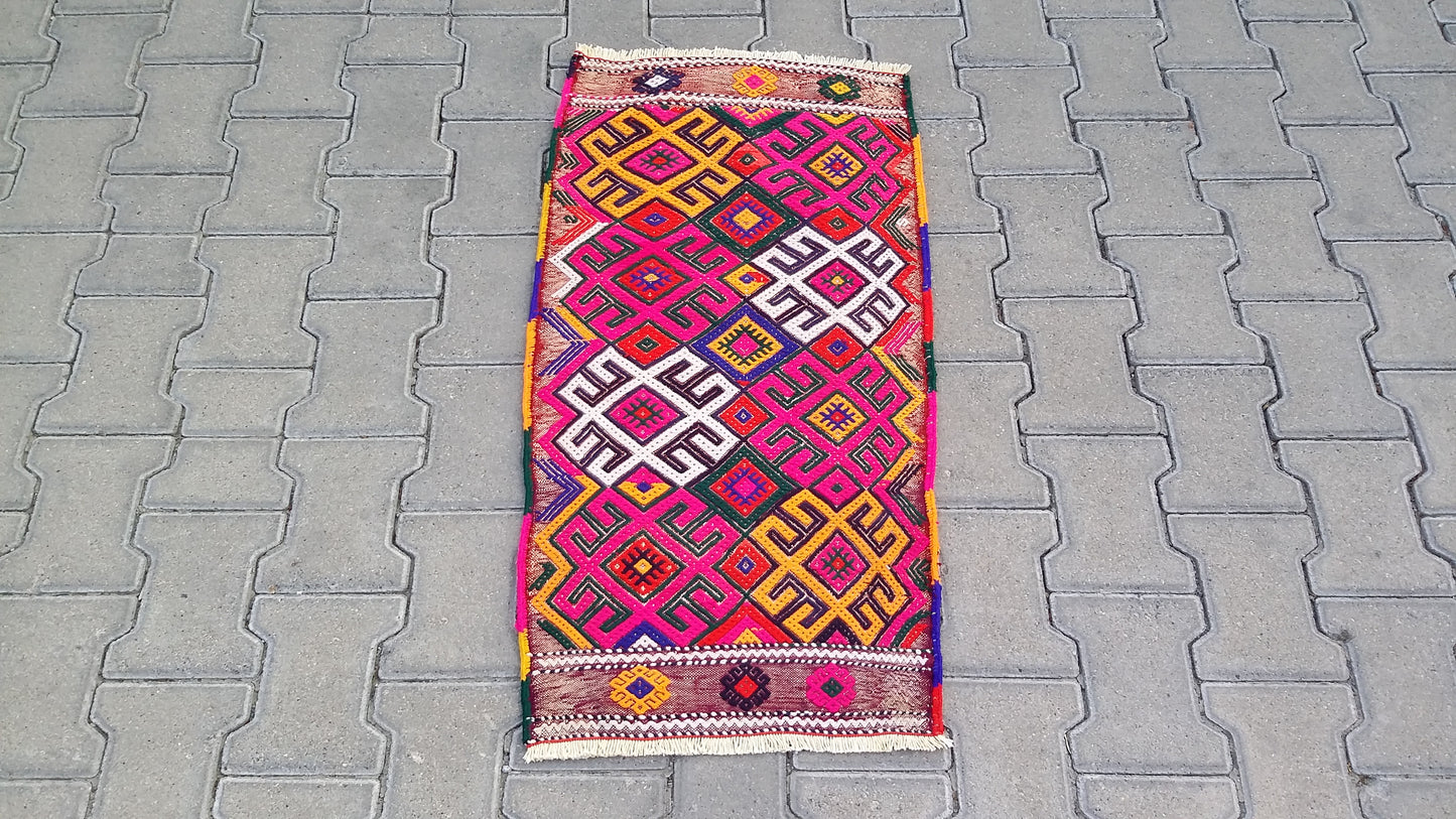 Pink Boho Small Turkish Nomadic Kilim Rug