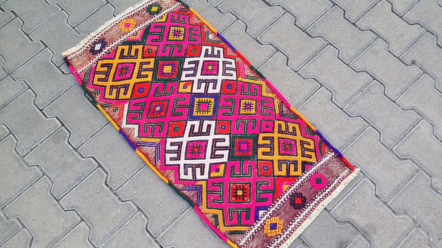 Pink Boho Small Turkish Nomadic Kilim Rug