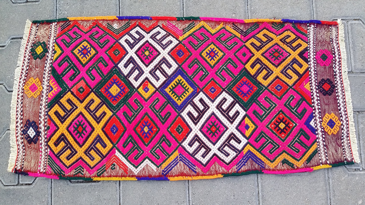 Pink Boho Small Turkish Nomadic Kilim Rug