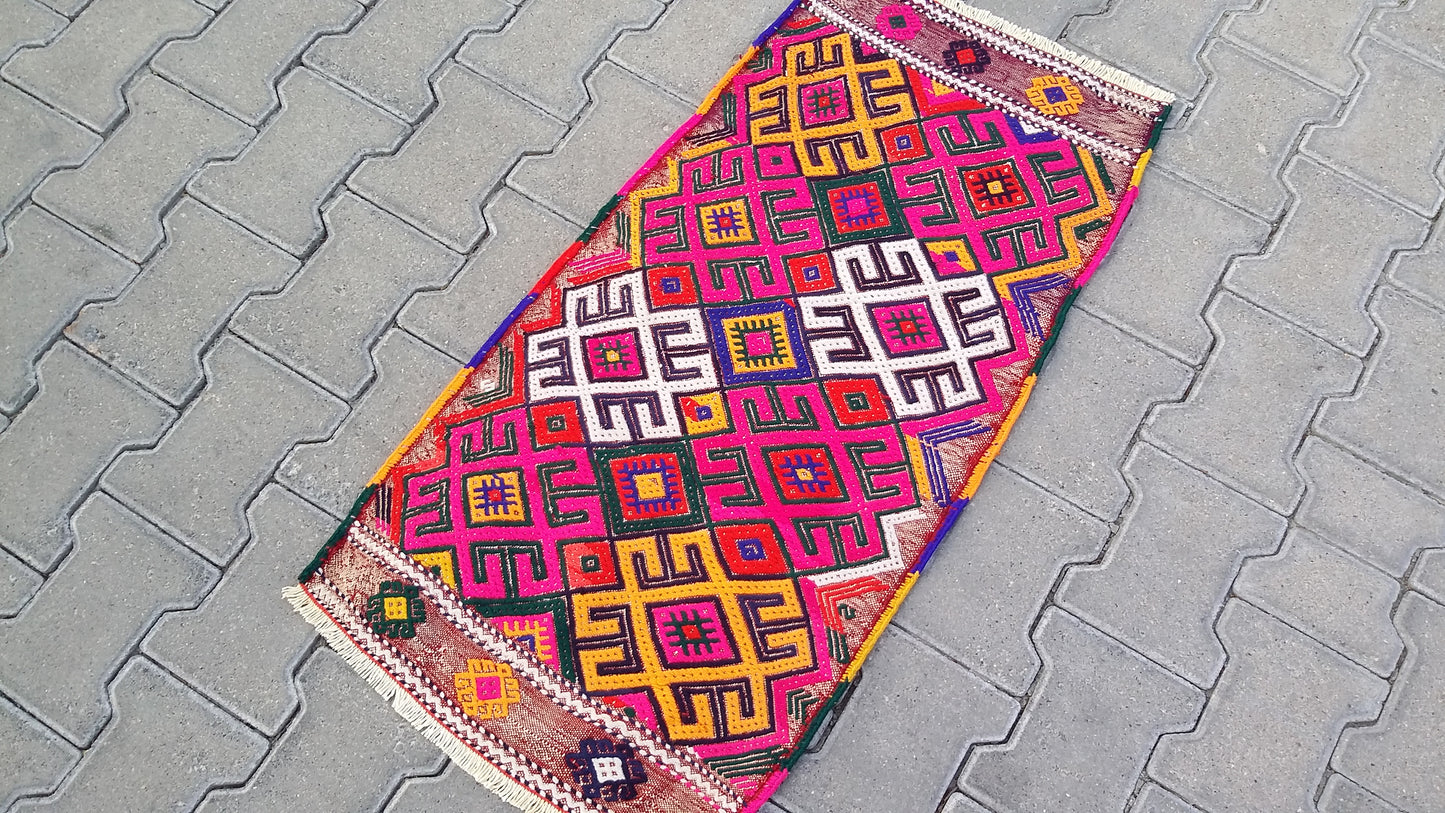 Pink Boho Small Turkish Nomadic Kilim Rug