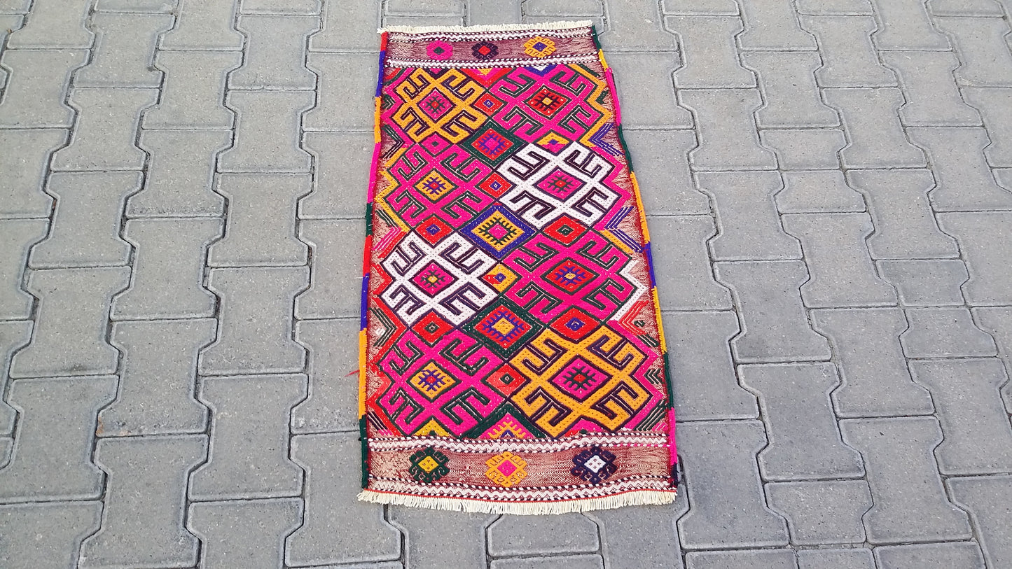 Pink Boho Small Turkish Nomadic Kilim Rug