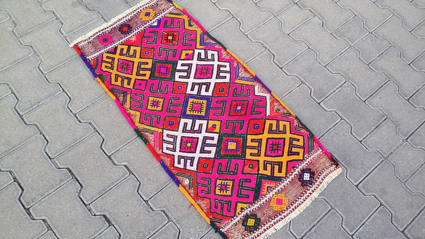 Pink Boho Small Turkish Nomadic Kilim Rug