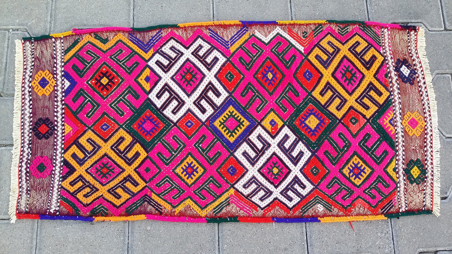 Pink Boho Small Turkish Nomadic Kilim Rug