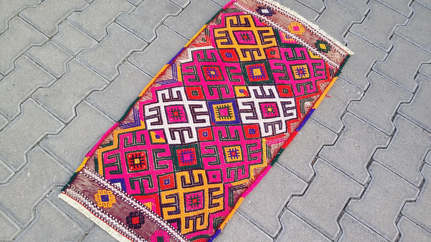 Pink Boho Small Turkish Nomadic Kilim Rug